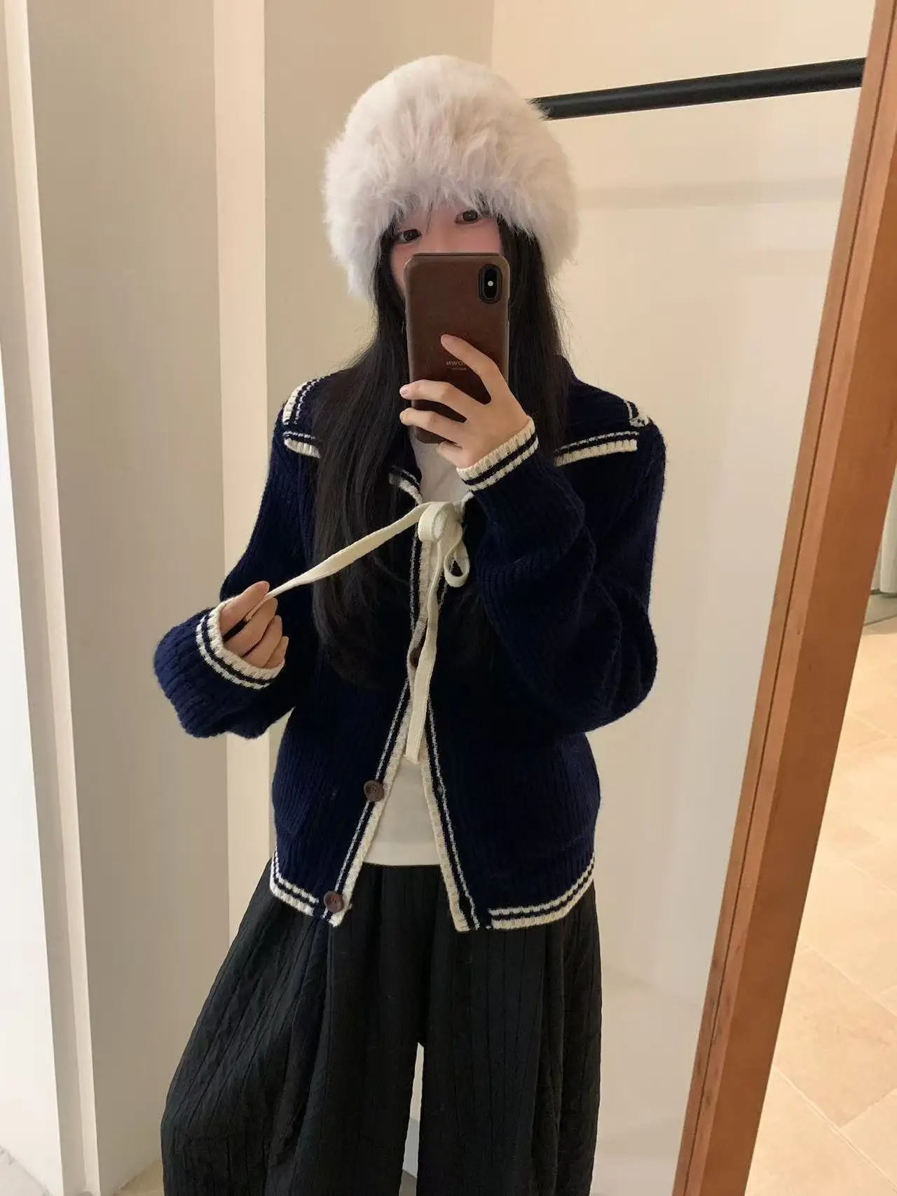 

Sweet Navy Collar Color Blo Sweater Knitted Long Sve Autumn Winter Women's Loose Fit Cardigan Versatile Sli Knitwear