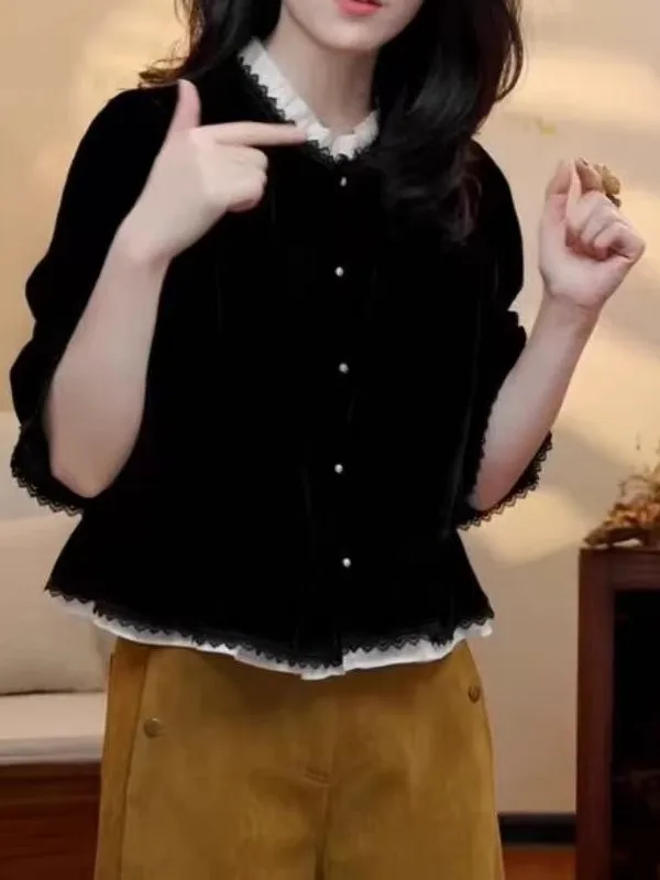 

Bla Velvet irt Women's Lotus Collar Base Layer irt for plus Size Slimming Korean Sle Commute Wind Regular Sve