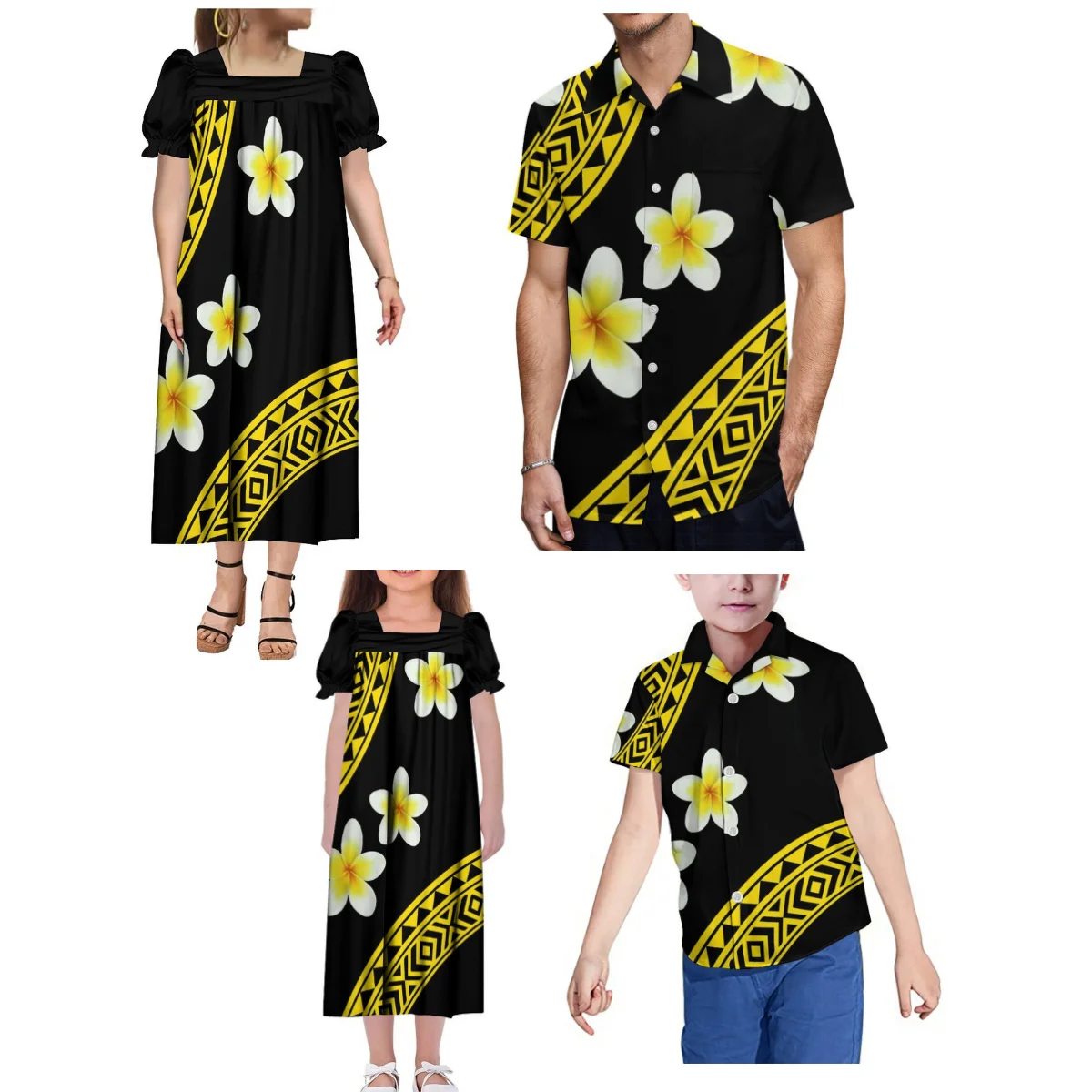 

Custom Mumu Ladies Square Neck Dress Girls Maxi Polynesian Island Style Summer Men'S Shirt Boys' Shirt Family Set