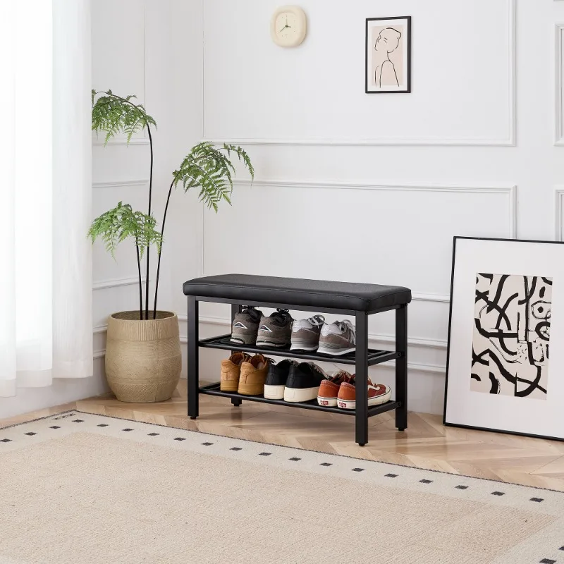 Freestanding 3 Tier Shoe Rack Bench With PU Seat Cushion Metal Mesh Shelves for Hallway Entrywa