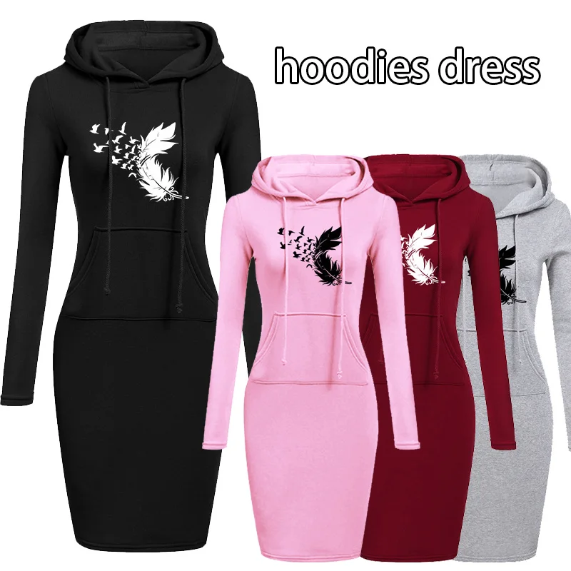 

Womens Knee-Length Pockets Dress Hooded Warm Sweat Shirt Long Sleeve Neckline Simple Casual Sports Skirt