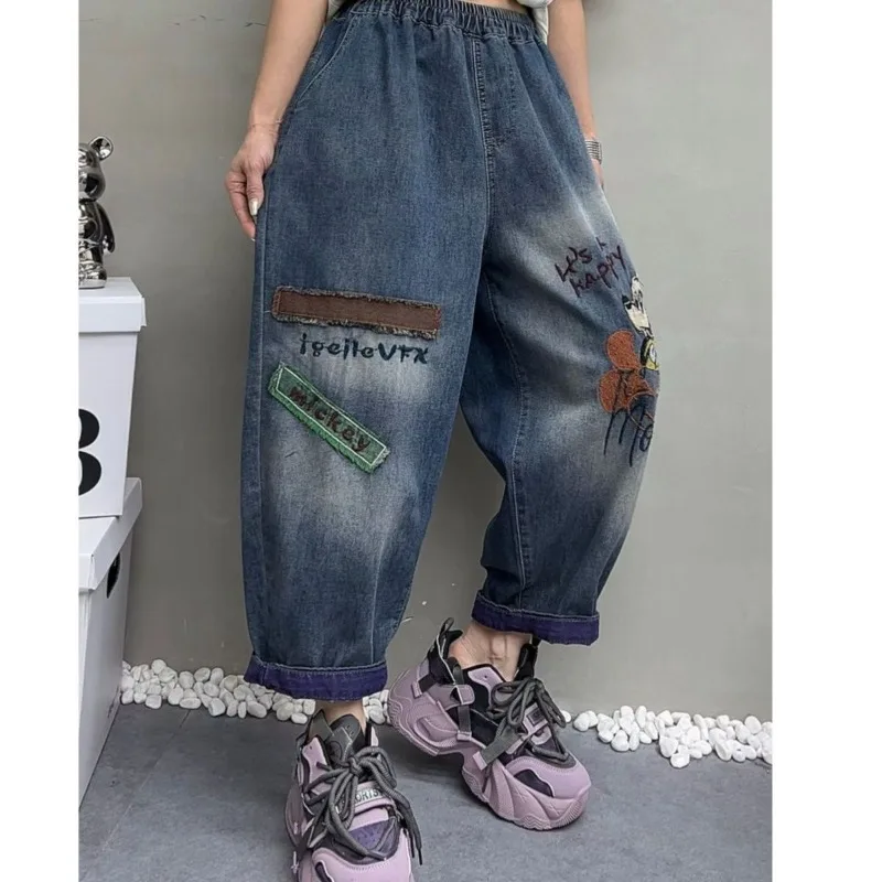 

jeans for woman Disney Vintage Mickey Patch Cartoon Embroidery Jeans, Korean Style New Plus Size Loose Slim 9/10 Harem Dad Pants