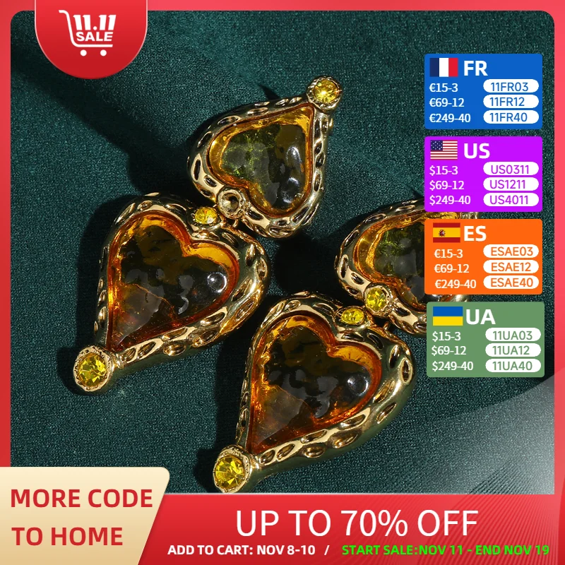 

Vintage Drop Heart Earrings Large Yellow Glass Exaggerated Big Antique Gold Color Woman Accessories Valentine Day Jewelry 2025