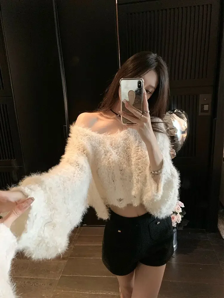 Kimotimo Sexy Off Shoulder Short Sweater Women 2024 Autumn Solid Hollow Hole Design Long Sleeve Pullover Lazy Loose Y2k Knit Top