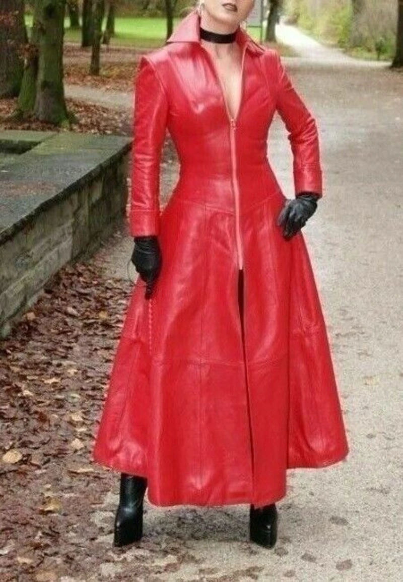 Womens Genuine Lambskin Leather Long Dress Celebrity Outfit Leather Coat Genuine Leather Outwear