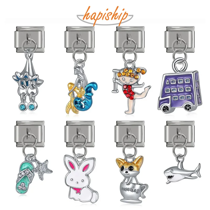 Hapiship Original Daisy Rabbit Bus Dog Mermaid Girl Shark Italian Charm Fit 9mm Bracelet Stainless Steel Jewelry Making DJ100