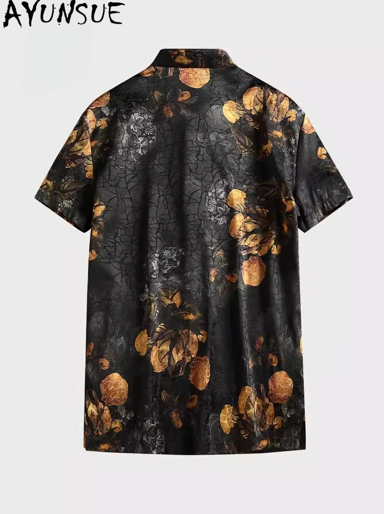 AYUNSUE 92.5% Real Mulberry Silk Shirts for Man Fashion Summer Top Printed Short Sleeve Shirt Men Clothes Watered Gauze Shirt