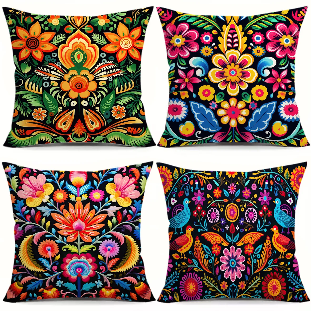 4 fundas  cojines bohemias con diseño  pavo real y flores artesanales, acuadas para sofá, cama o coche - fundas corativa