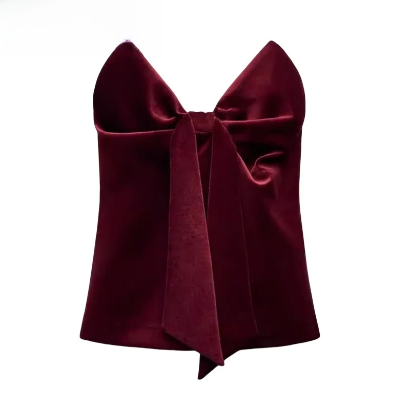 

oulder Bared Velvet Vest Women's Faion Design Knot Autumn Winter New Arrival Slim Fit ort Top ZA24 9350