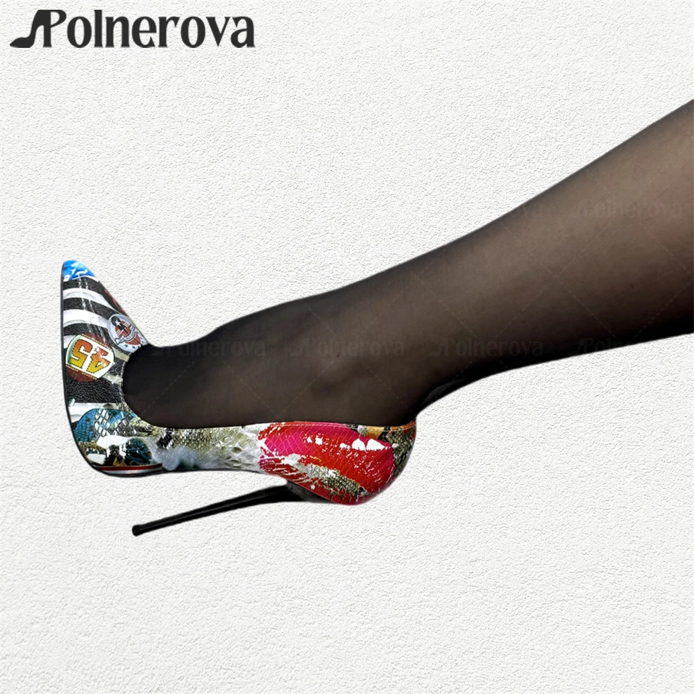 

Sexy Graffiti Lacquered Stilettos 16cm Extreme Pointed High Heels Designer Style Slip on Pumps for Women Fashion Handmade Shoes