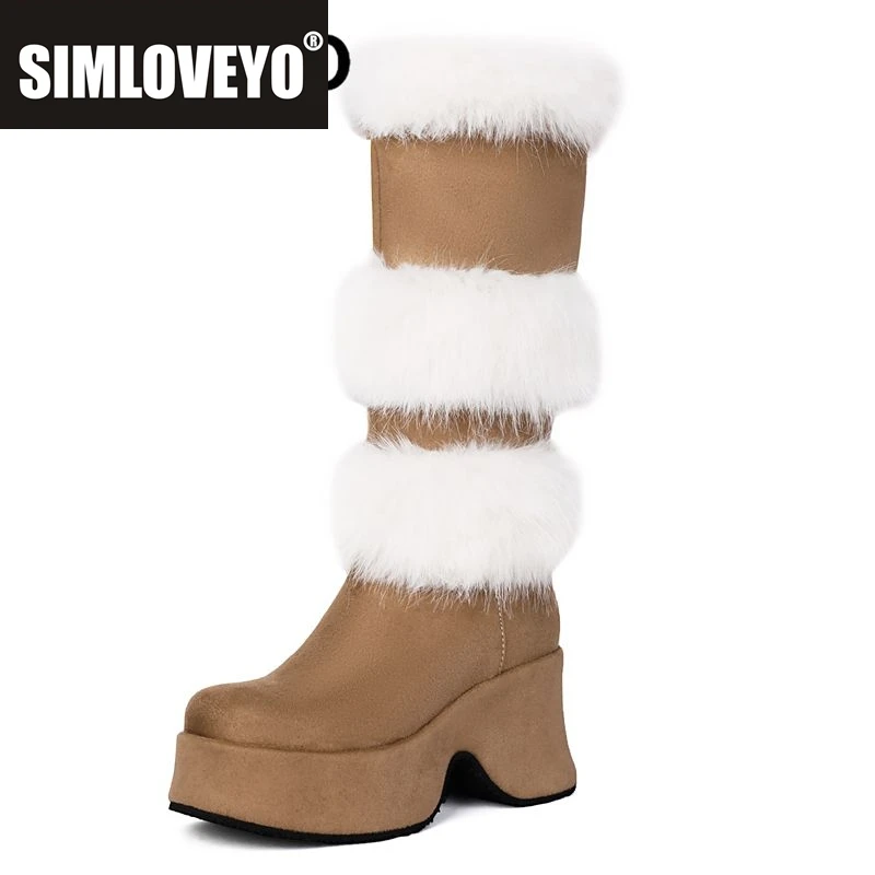 

SIMLOVEYO Fashion Female Furry Boots Square Toe Chunky Heels 7.6cm Platform Slip On Flock Suede Plus Size 42 43 Winter Knee Bota