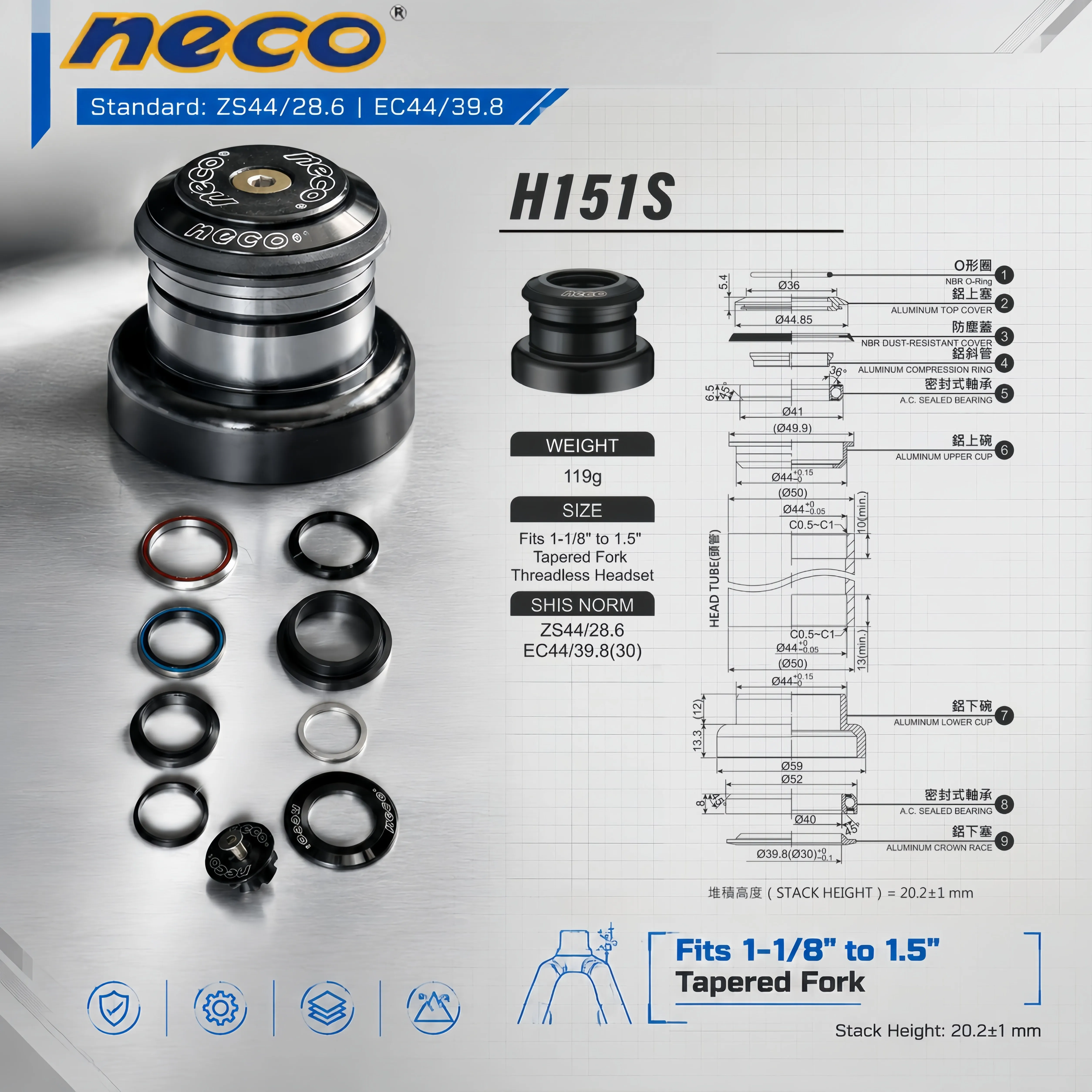 neco-自転車用-スレッドレス-ヘッドセット-zs44-286‑ec44-398-30-44mm-フレーム-ヘッドチューブ-変換用-テーパーフォーク-1‑1-8-‑15-テーパー-ステアラー