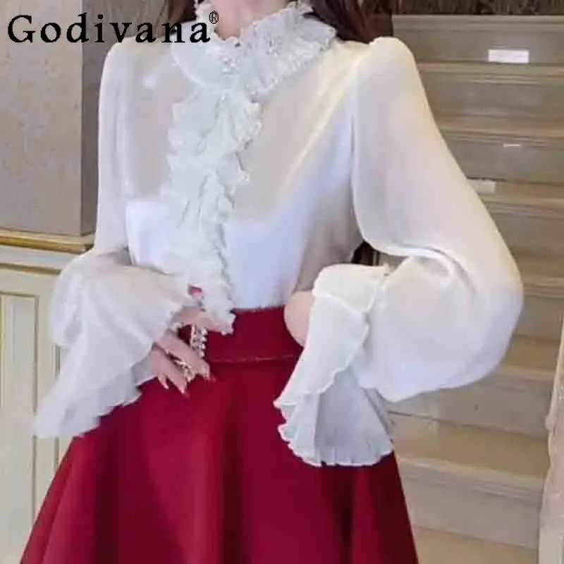 

French Retro Court Heavy Industry Sweet Ruffles Lolita Shirt Girl Spring Autumn Loose Stand-up Collar Long Sleeve Versatile Top