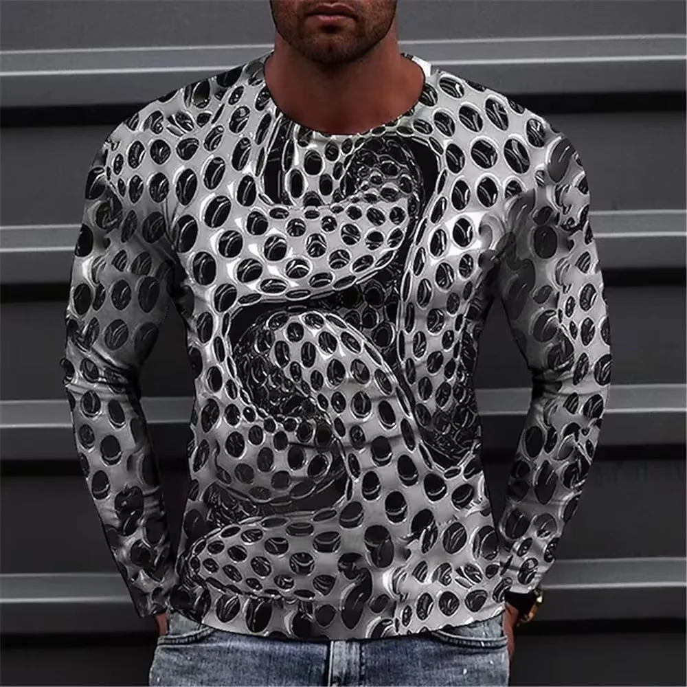 Fashionable Men's Printed T-shirt Optical Illusion Round Neck Long Sleeved Street Harajuku Exaggerated Designer Round Neck Top