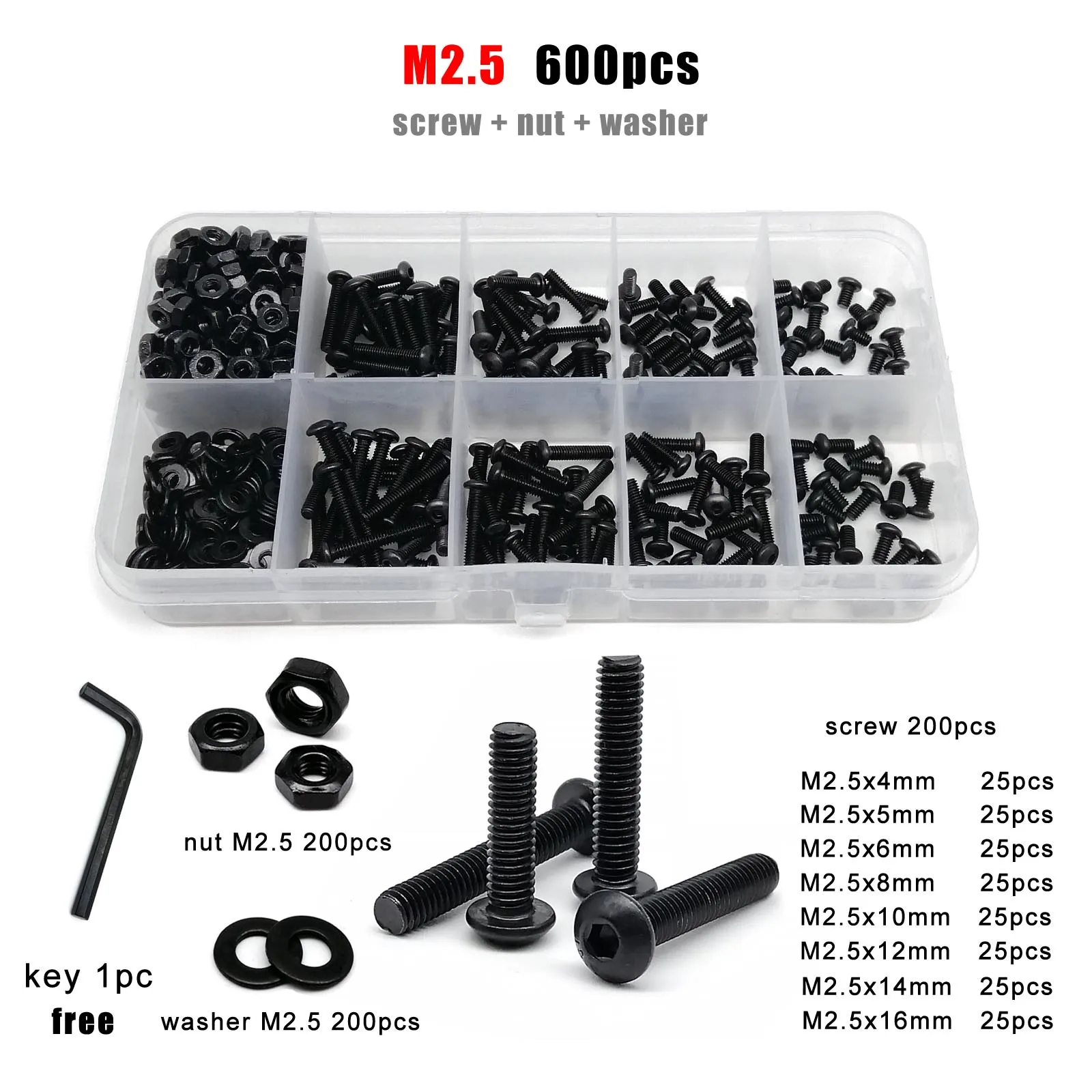 M1,6 M2 M2,5 M3 M4 M5 M6 M8 Schwarz Güteklasse 10,9 Stahl Sechskant Innensechskant Innensechskant Rundkopfschraube Bolzen Mutter Sortiment Kit Box – Detail 5