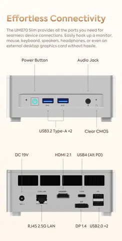 MINISFORUM UM870 AMD Ryzen 7 8745H Mini PC 2*DDR5 2*M.2 2280 SSD Window 11 Pro WiFi6E BT5.3 USB4.0 Desktop Gaming Computer