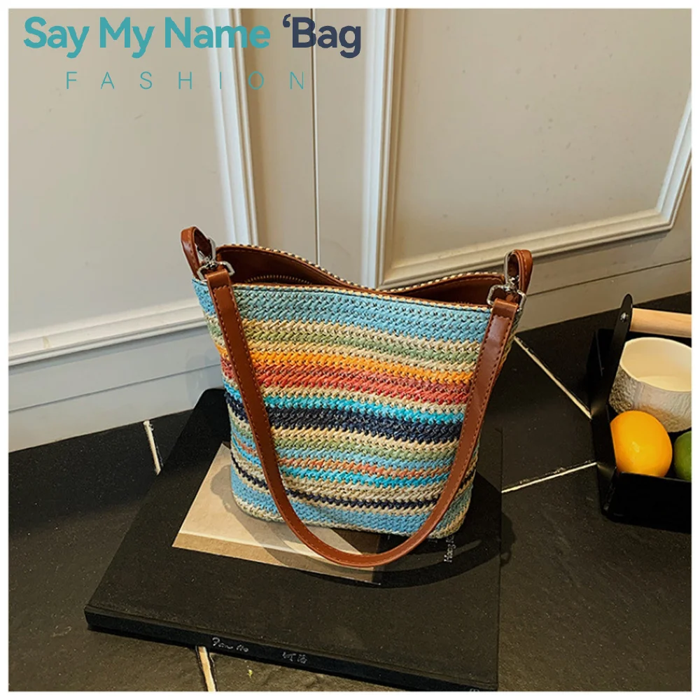 

﻿ 2026 Color Striped Bucket Bag Leather Top Handle Daily Mobile Phone Purse Korean Style Luxury Design Clutch Pouch Tote Handbag