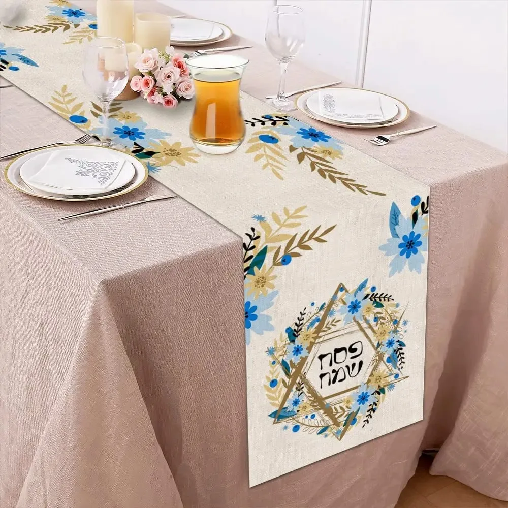 Happy Passover Blue Flower Hanukkah Linen Table Runner Home Decorations Jewish Anniversary Holiday Table Runner for Party Decor