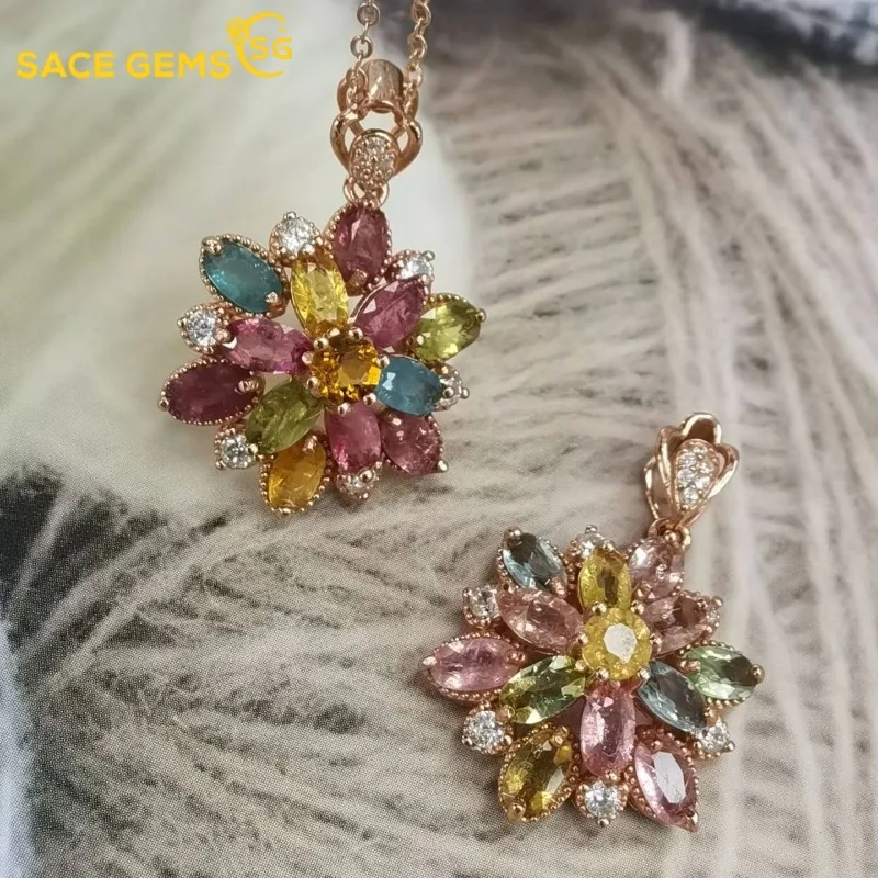 

SACE GEMS Luxury 925 Sterling Silver 3*5mm Natual Tourmaline Pendant Necklace for Women Wedding Cocktail Party Fine Jewelry