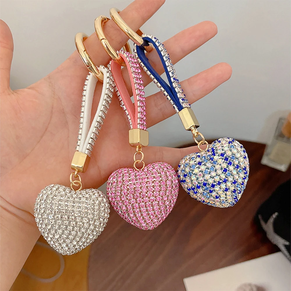 Colourful Heart Full Rhinestone Keychain PU Leather Tassel Keyring for Women Car Key Holder Valentine's Day Gift