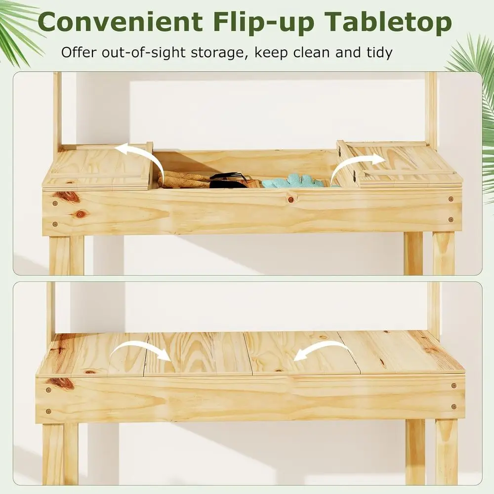 Potting Bench Table, 60” Wood Garden Work Bench Workstation with Storage, lip-Up Tabletop, Shelves & Hanging Hooks, Outdoor Gard - view 4
