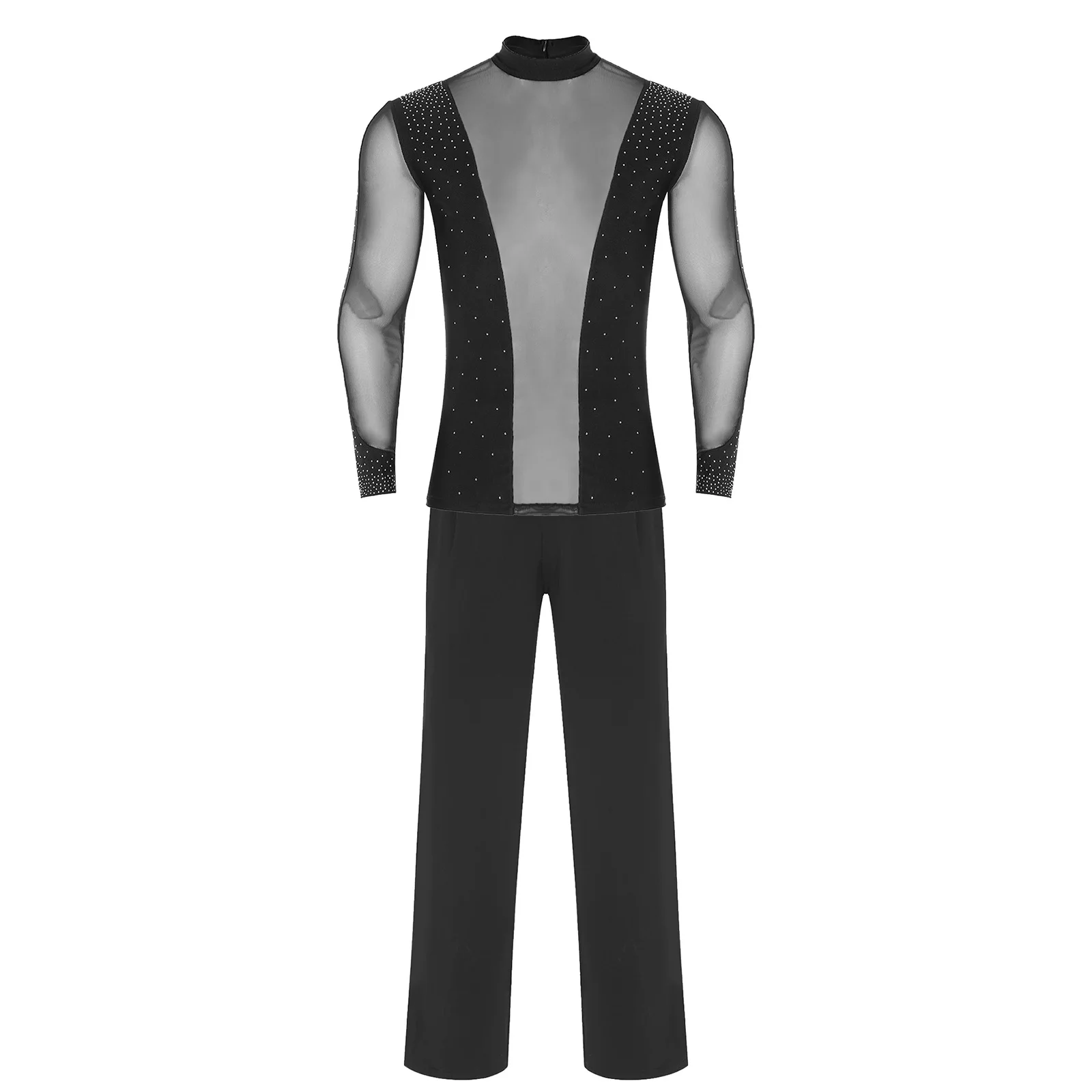 

Men Latin Tango Ballet Dance Outfit Dancewear Sheer Mesh Patchwork Rhinestones Shirt and Pants Sets for Jazz Rumba Modern Dance
