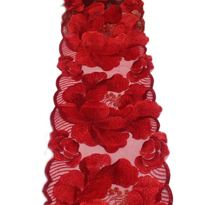 29Yards Elegant Red Flowers Net Yarn Embroidery Lace Fabric Garment DIY Dress Wedding Sofa Ribbon Sewing Accessories