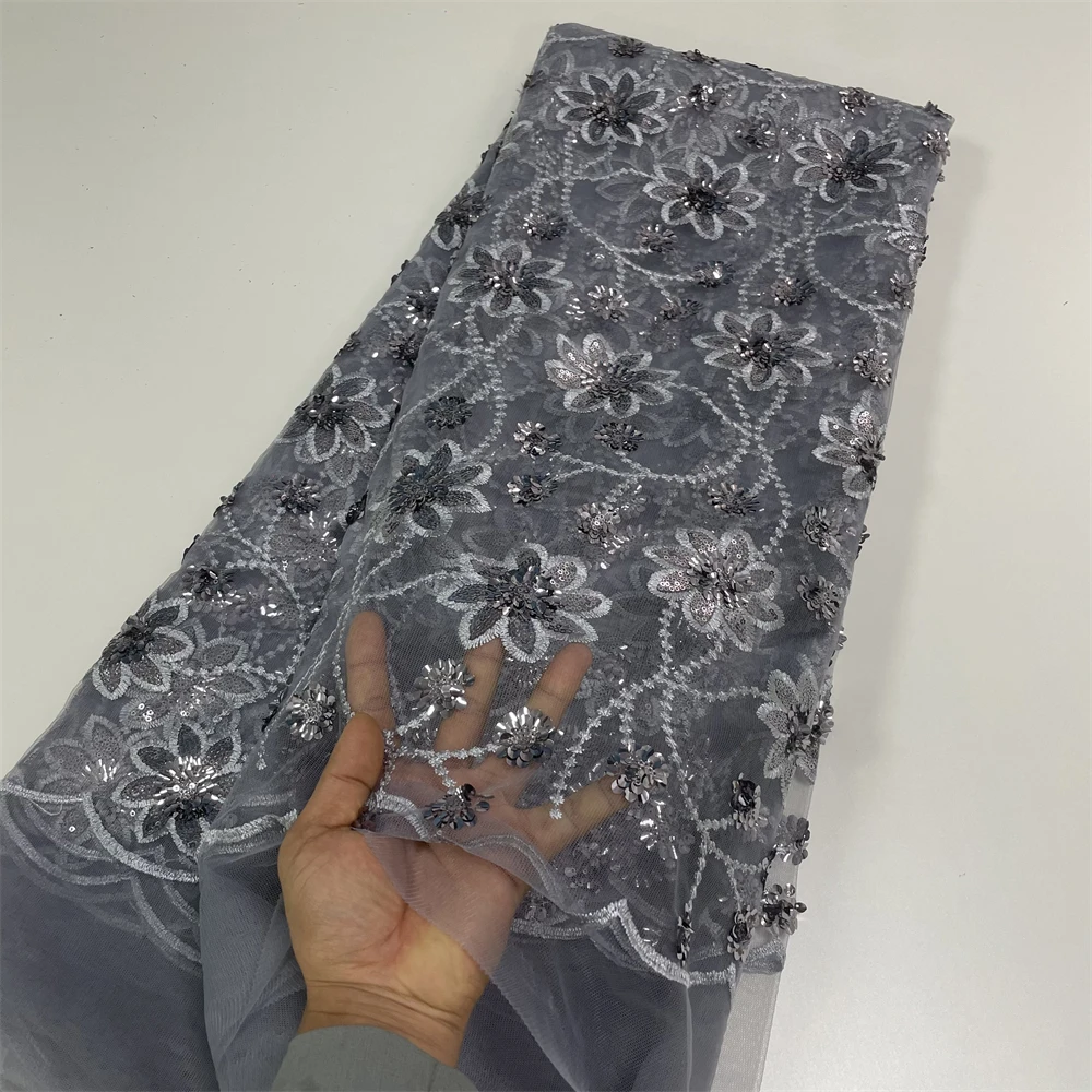 African High Quality Lace Fabric 2024 Gray French Net Sequins Fabric Sewing Embroidered Lace in Tulle Nigeria Fabric 5 Yards