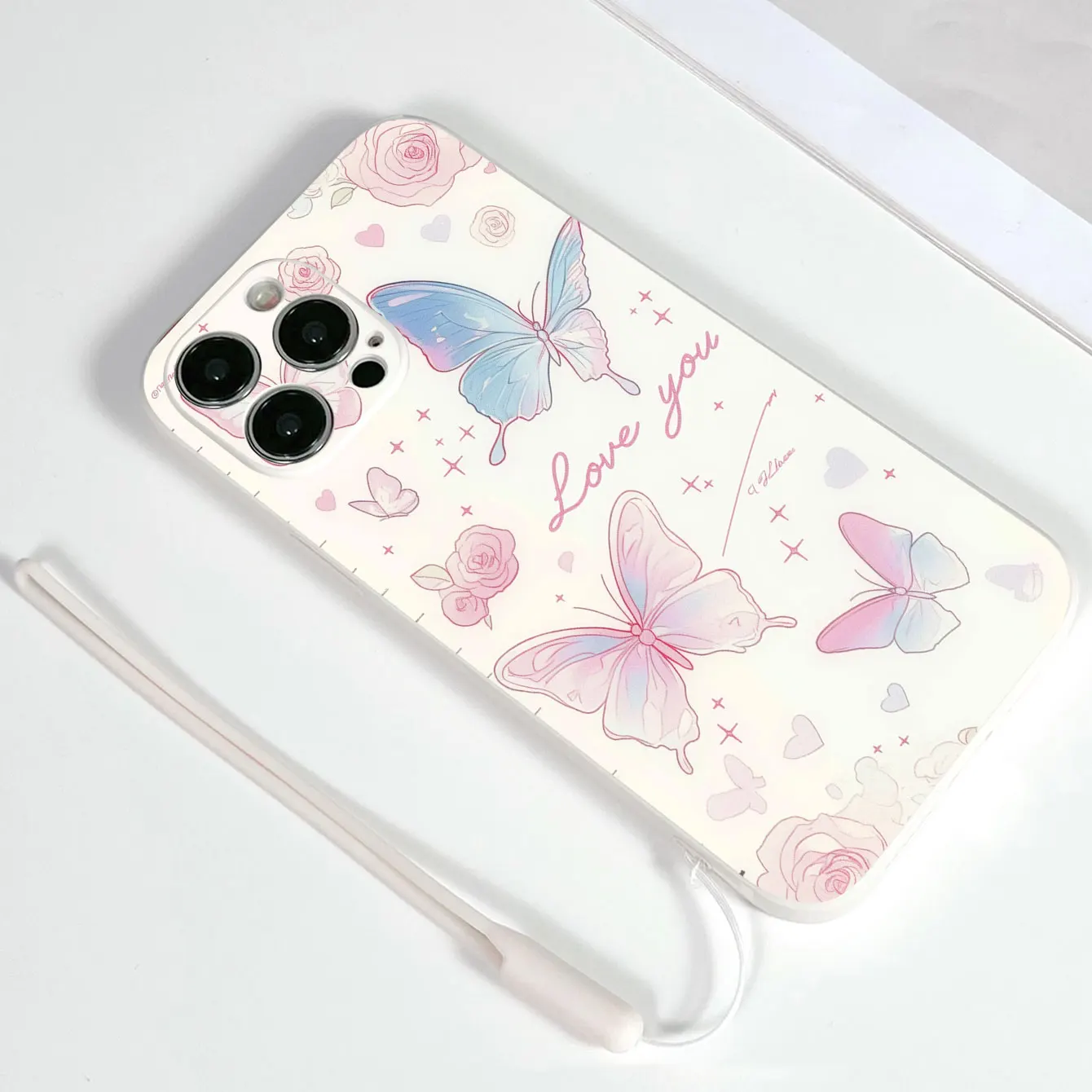 Custodia per telefono con cordino in silicone liquido quadrato di lusso con motivo a farfalla per iPhone 17 Pro Max 16 Plus 15 Pro 17Pro Cover posteriore Funda