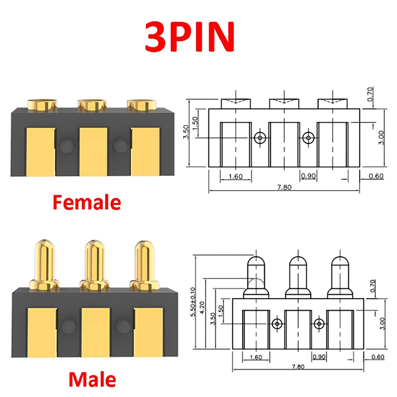 1PCS Pogo Pin Connector 2.5 MM Pitch Horizontal SMD Surface Mount 1/2/3 Pole Strip Spring-Loaded Male Female Target Pad