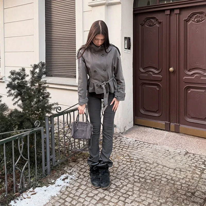 Frühlings-Damen-Trenchcoat mit Schnürung, Stehkragen, Doppelreihiger Knopfverschluss, Stilvolle Neue Damen-Jacke mit Langen Ärmeln, Streetwear-Oberbekleidung – Detail 25