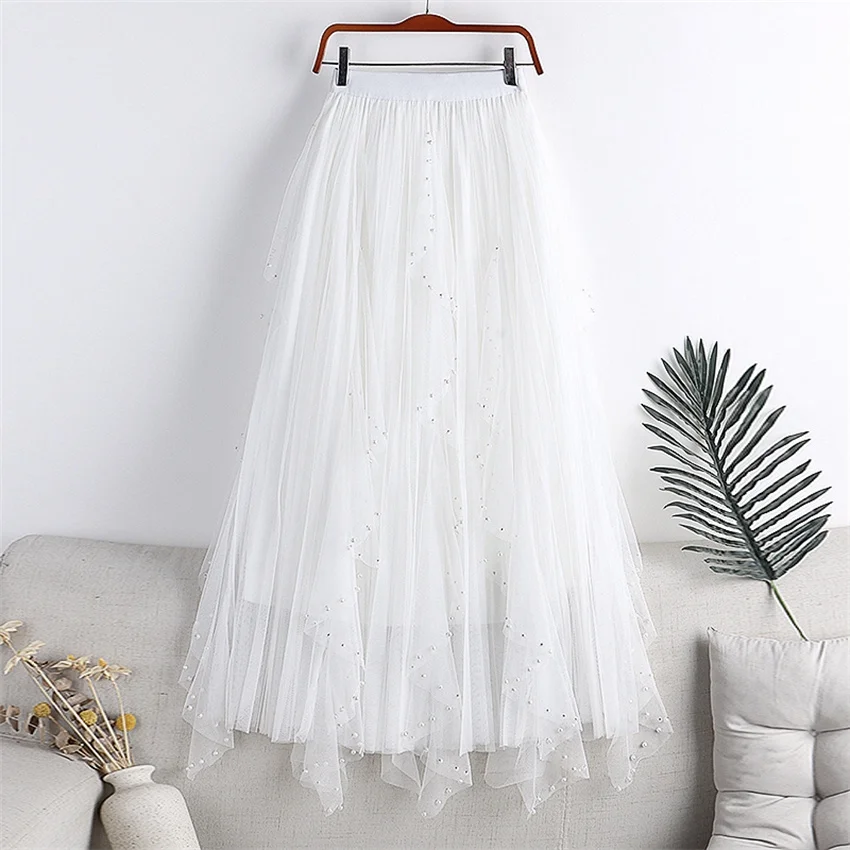 Gowyimme New Spring Autumn Fahion Women High Waist Pleated Skirt Girl Midi-long A-line Solid Beading Skirts Bottomings  PD1843