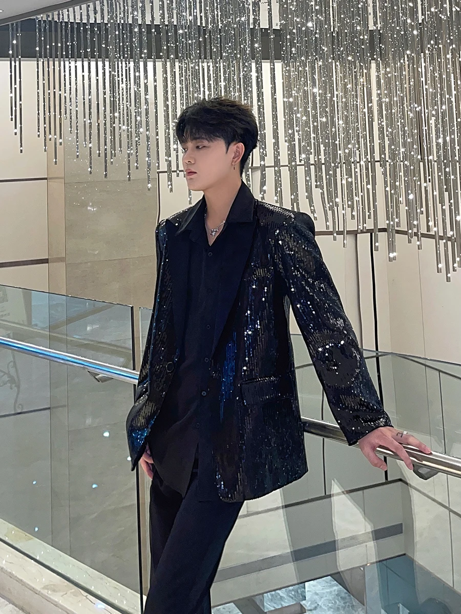 Men's 2024 Spring New Sequined Blazers Glossy Design Loose Comfort Long Sleeve Solid Color Suit Jacket Trendy Male Suit Jackets