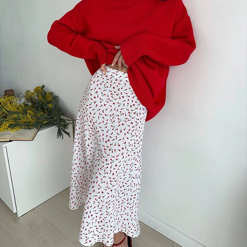 BKLD 2024 Cherry Print Half Skirts Women's Casual Sweet High-waisted A Line Straight Skirt Elegant Bottoms Clothing Holiday Wear