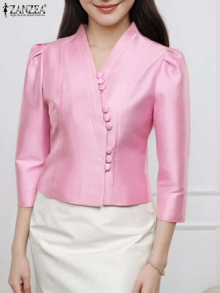 ZANZEA femmes élégantes mode bureau dame OL chemises Blouse Sexy col en v décontracté couleur unie hauts tunique boutons manches bouffantes Blusas