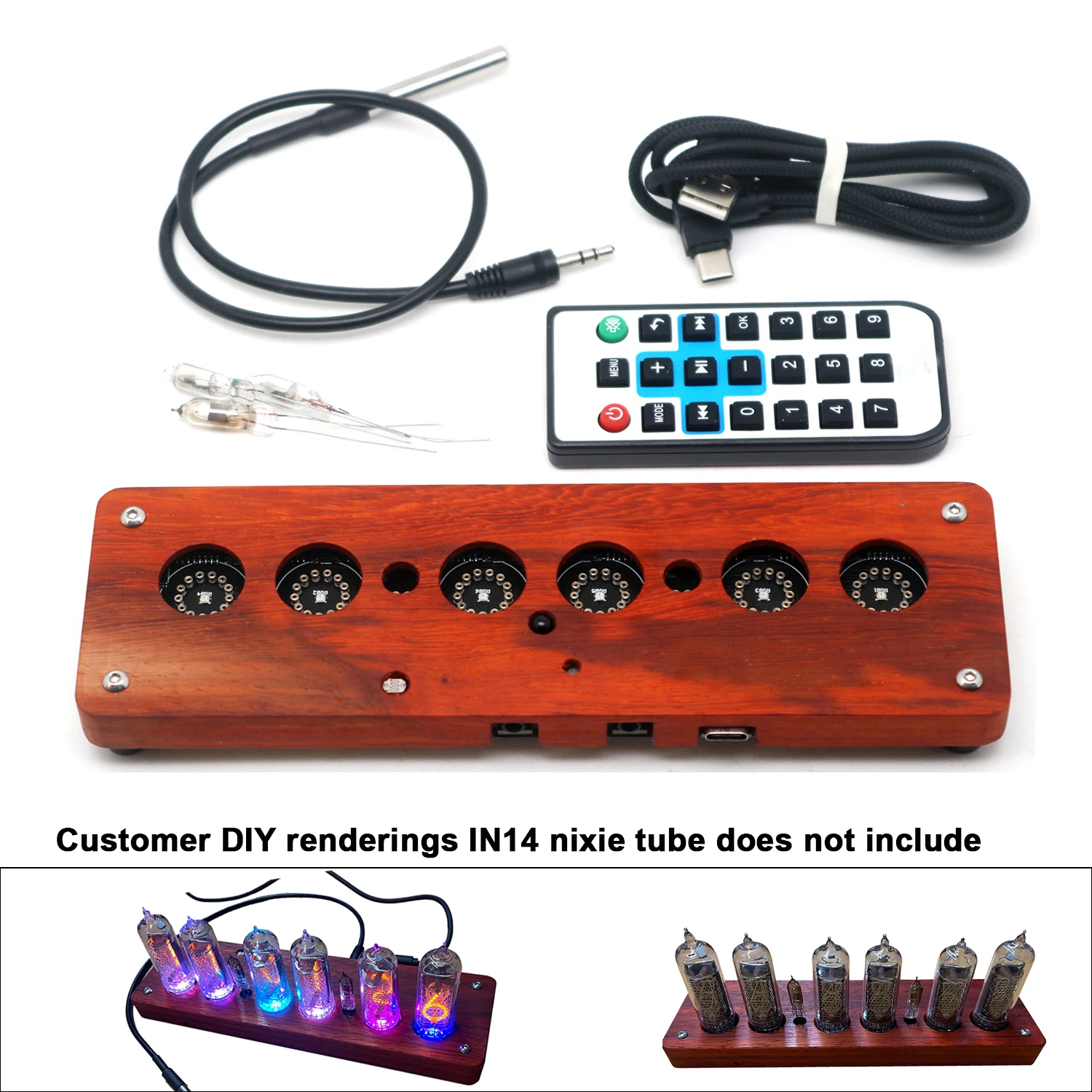 6-Digit IN14 Nixie Tube Base DIY IN-14 WiFi Clock Digital Display Time Date Temperature Alarm W Remote Control TYPE-C USB POWER