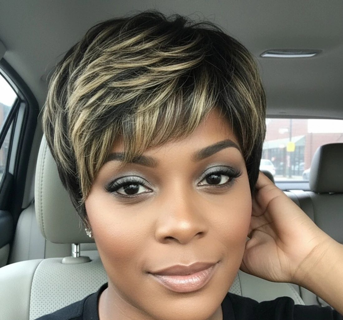 باروكات شعر بشري مفرود قصير للنساء ذوات البشرة السمراء، تسليط الضوء على شعر مستعار أومبير بيكسي بوب بطبقات مع الانفجارات شعر ريمي برازيلي مصنوع آليًا