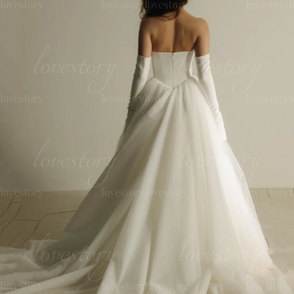 エレガントなチュールシンプルなカスタマイズされたAライン花嫁ローブストラップレスウェディングドレスブライダルガウンスイープトレインvestido de novia