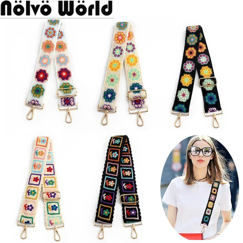 Colorful Ethnic Embroidery Style Flower Guitar Handbag Strap With Hook Wide Comfortable DIY Knitted Bag Replacement Accessories