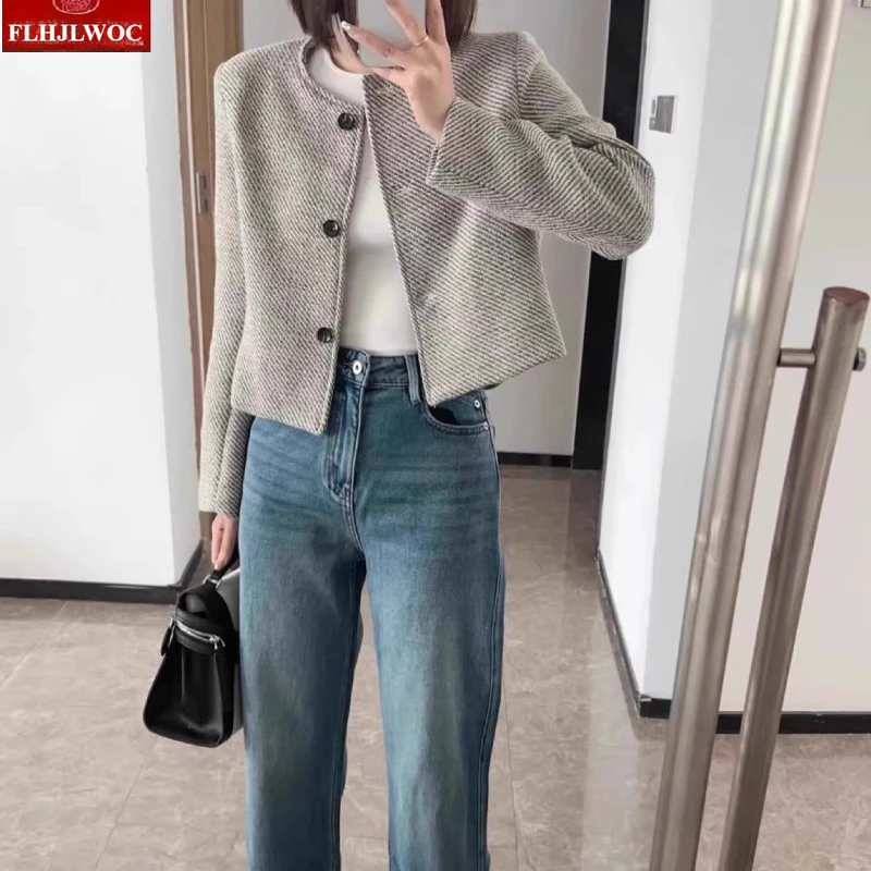 เสื้อโค้ทขนสั้นน่ารัก สไตล์เกาหลี ดีไซน์ญี่ปุ่น แฟชั่นฤดูใบไม้ร่วง สำหรับผู้หญิง ดูสง่างาม เหมาะกับสาวออฟฟิศ ปกคอทรงโอ ติดกระดุม