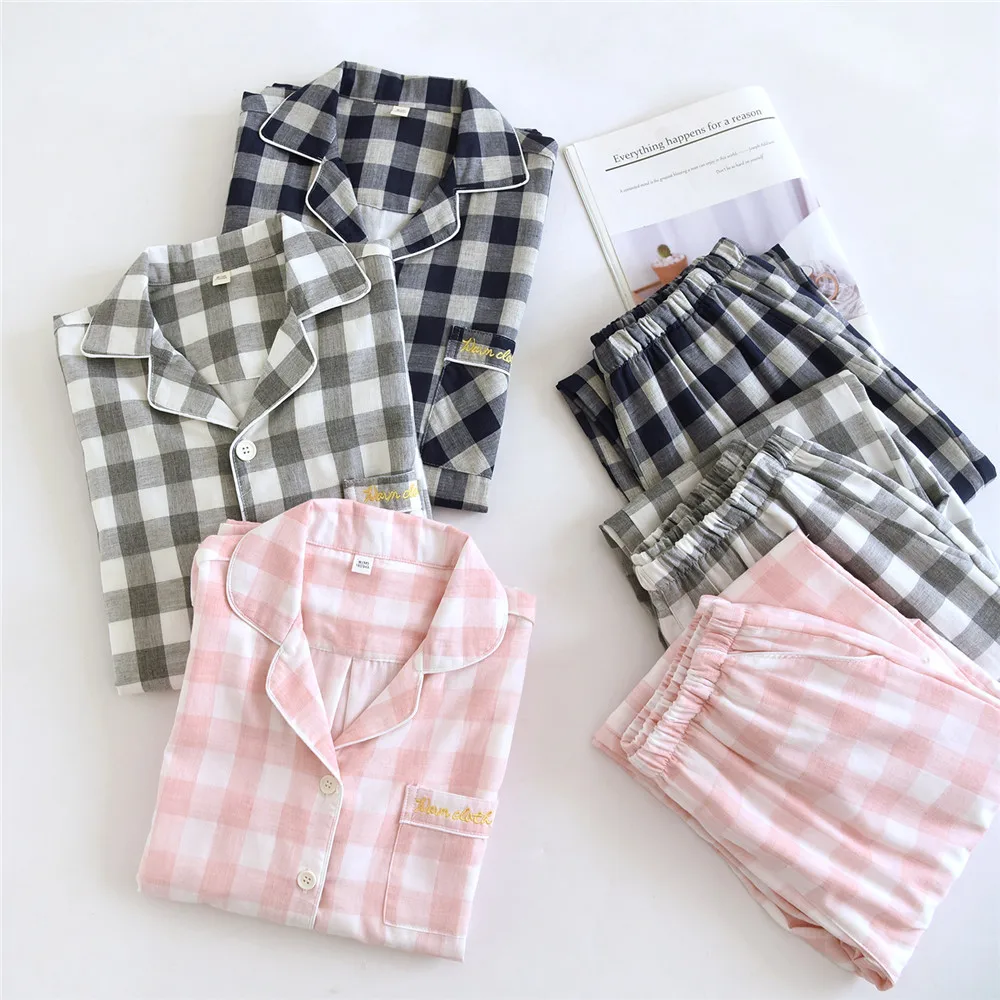 

Парная клетчатая одежда для сна, хлопковый женский комплект домашней одежды с длинными рукавами, весенне-осенние мужские длинные брюки