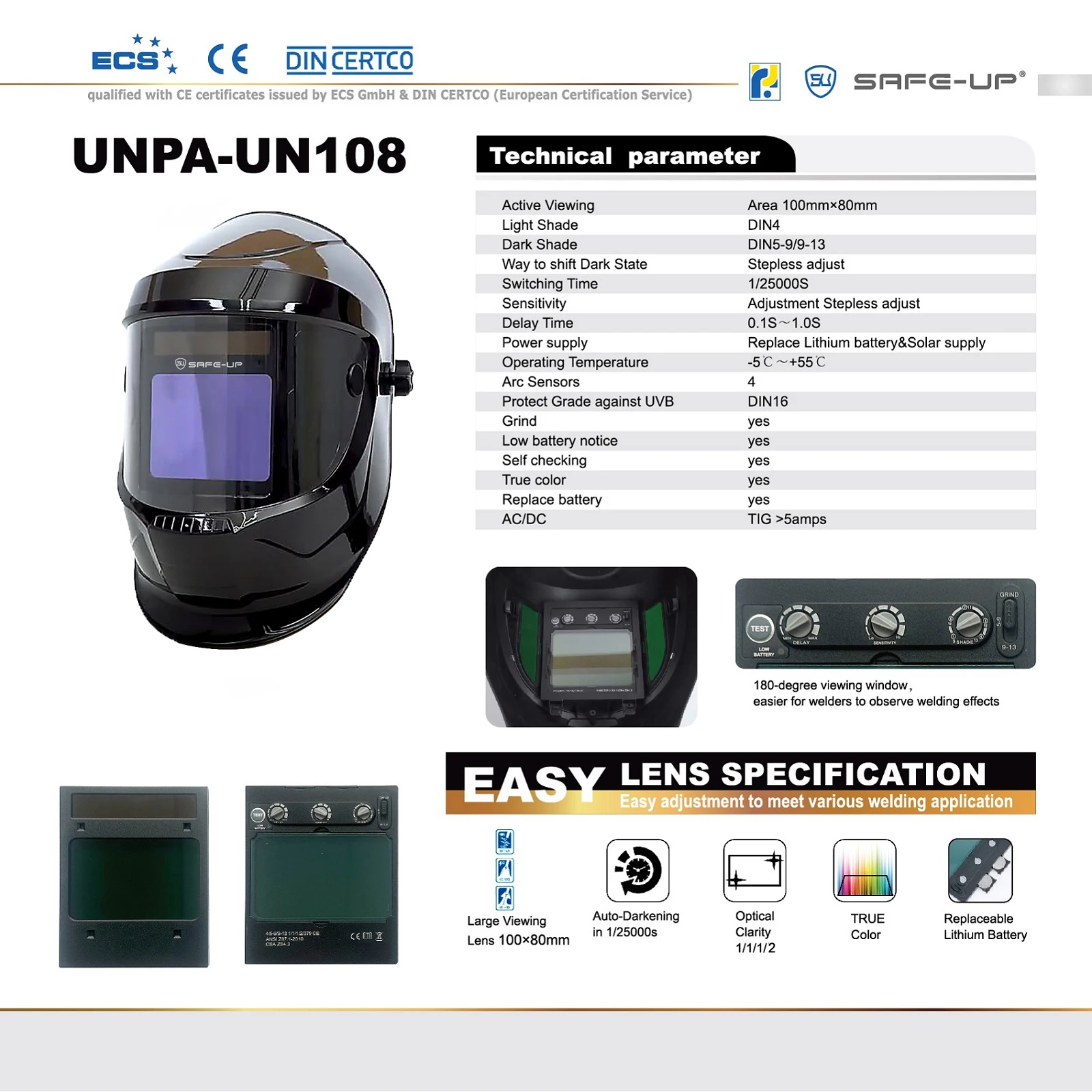 SAFEUP Capacete de soldadura ,TRUE Color 1112, máscara de soldadura de escurecimento automático, capuz com 4 sensores, vista lateral panorâmica de 180°, para máquina de soldar MIG MAG