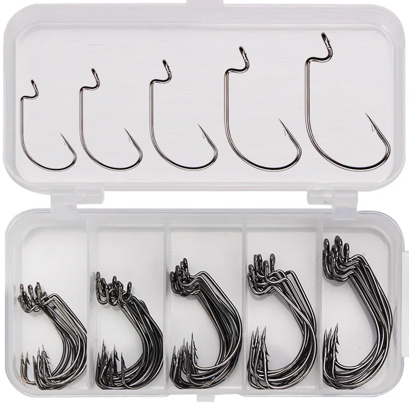 

50Pcs/Box Wide Crank Fishing Hooks Carbon Steel Offset Fishhook 3/0#-2# Bass Barbed Carp Fishing Hook For Soft Worm Lure set