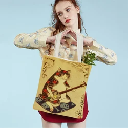 Vintage Japanese Samurai Cat Tattoo Travel Tote Handbag Retro Animal Reusable Both Sided Casual Canvas Women Shopping Bag