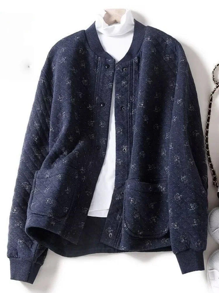 Women's Spring Autumn Cotton Sweatshirt Jacket Baseball Style Outerwear Floral Embellished Diamond Pattern Button up Coat