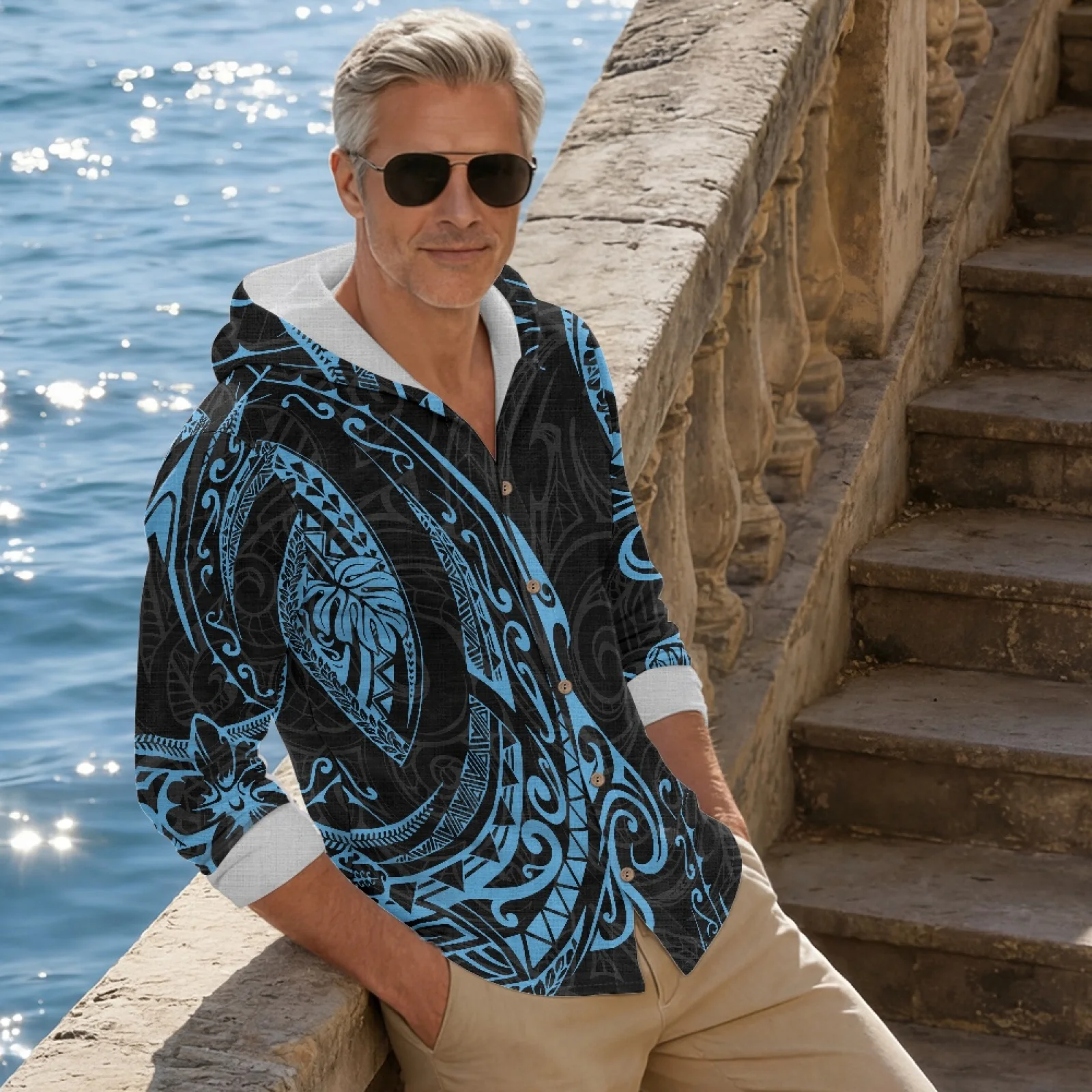 PENSTROLL Blue Tribal Swirl Linen Style Men's Linen Hoodie, Casual Button up Long Sleeve Top Sizes S-3XL for Outdoor Daily Wear