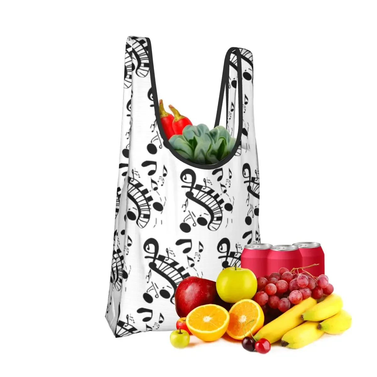 Abstract Piano Keys With Musical Notes Shopping Bag Portable Tote Bags Foldable Shoulder Shopper Bag Grocery Handbag