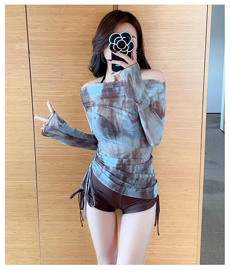 Seksowne koreańskie modne bikini wiązane na szyi 3-częściowe z nadrukiem tie-dye sznurkiem z długim rękawem topy strój kąpielowy wyściełane stroje