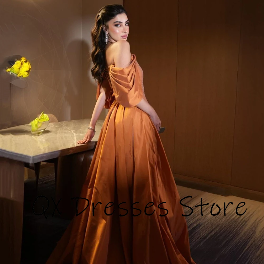 Customized Simple Orange Satin Pleat A-line Evening Dresses Off the Shoulder Draped Lace-up Backless Floor Length Party Gowns