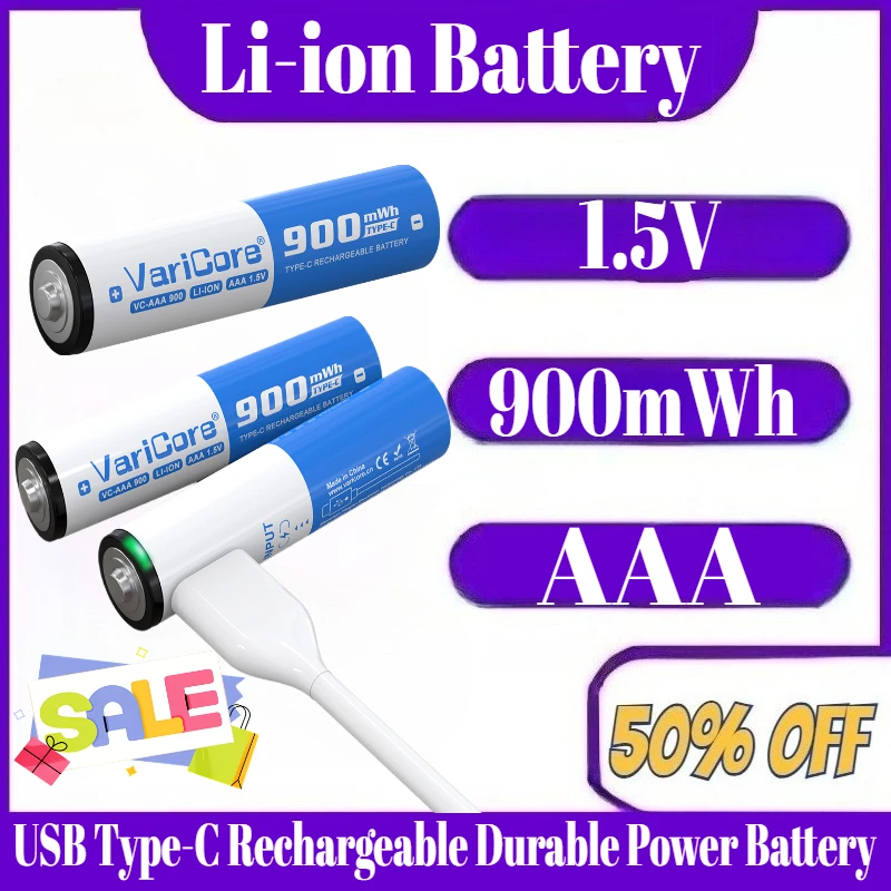 

AAA 1.5V 900mWh Li-ion Battery USB Type-C Rechargeable Durable Power Battery